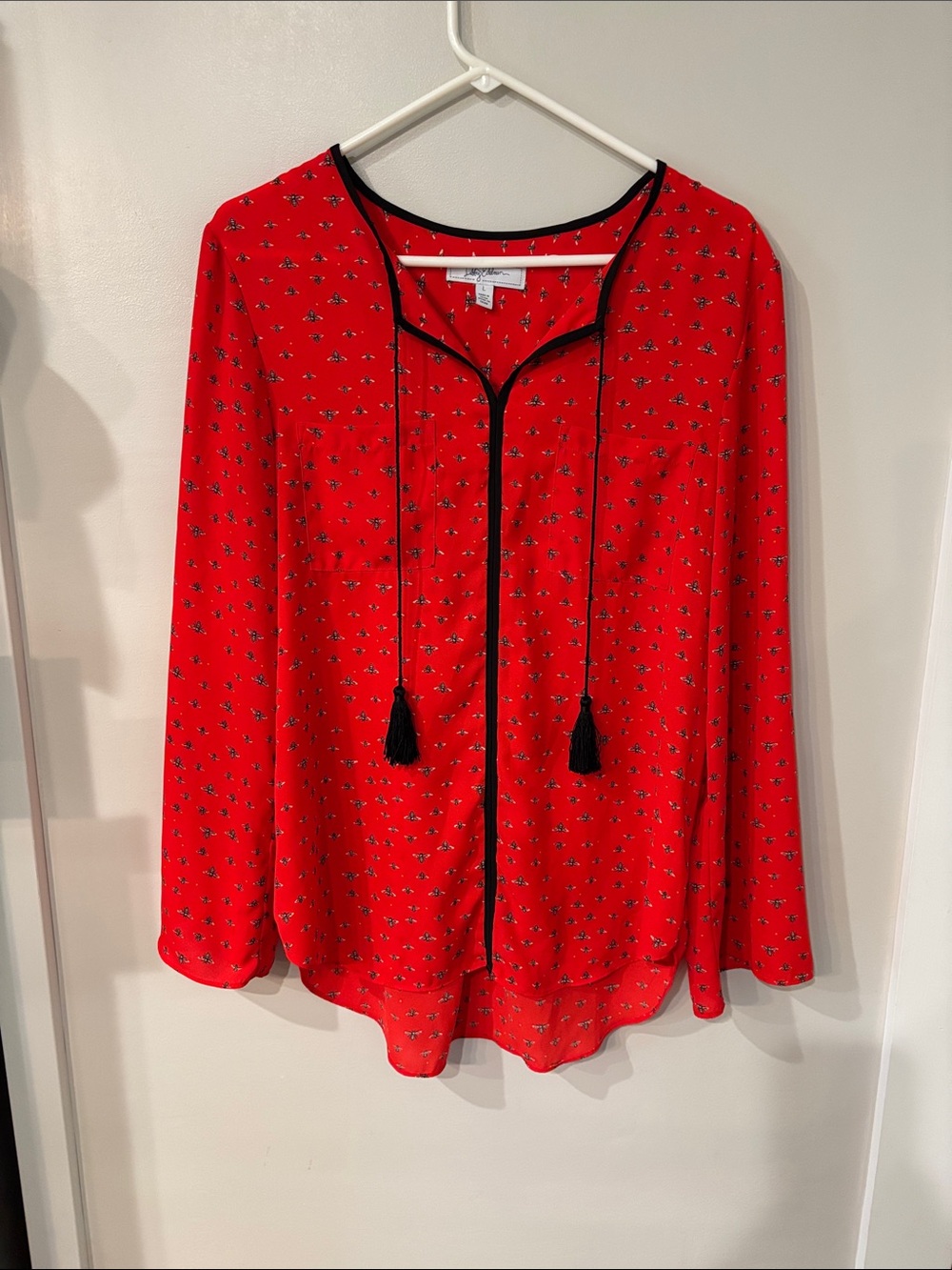 libby. edelman Red Tassel Tie Blouse with Black Trim